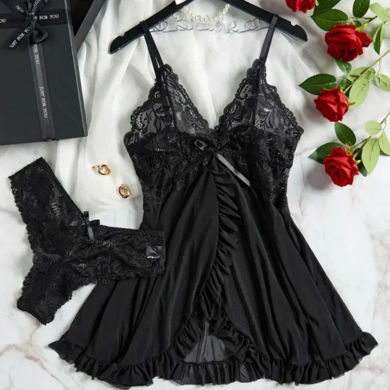 2-Pcs-Set-Lace-Nightgown-Women-Green-Transparent-Split-Nightdress-V-Neck-Bra-Panty-Set