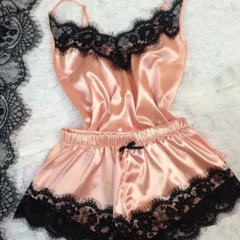 2-Piece-Silk-Lace-Casual-Home-Wear-Pajamas-Set-WomenS-Satin-Short-Nightwear
