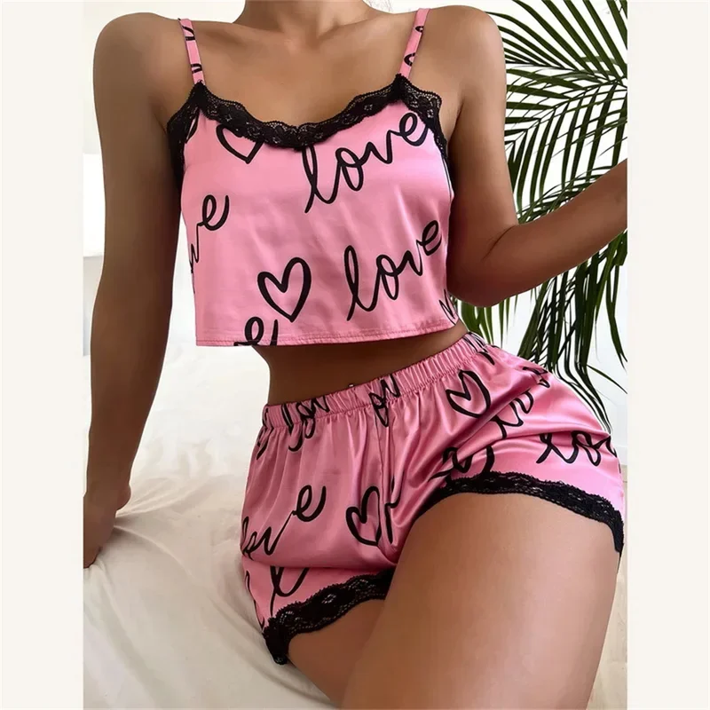 2 Pieces Set Women's Pajama Shorts Suit Homewear Print Underwear Sexy Lingerie Camisoles Tanks Nighty Ladies Sleepwear
