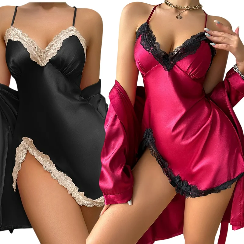 2-piece Set Long Sleeve Silk Robes With Dress Pajamas Set Women's Sleepwear
