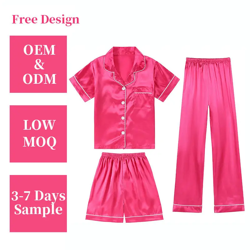 3 Piece Pajamas Girls Satin Soft Solid Color Summer Pajamas Short Sleeve Comfortable Homewear High quality Customization
