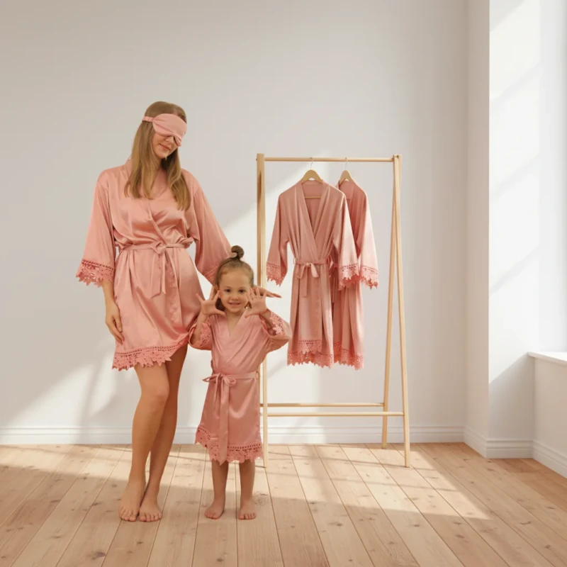 3031 Hot Sell Sexy Satin Lace Robes Simple Plus Size Solid Nighty Sleepwear Women
