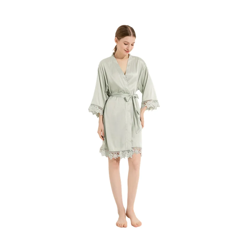 3031 Satin Silk Bridal Plain Lace One Piece V Neck Summer Pajamas for Women's Silk Satin Robe