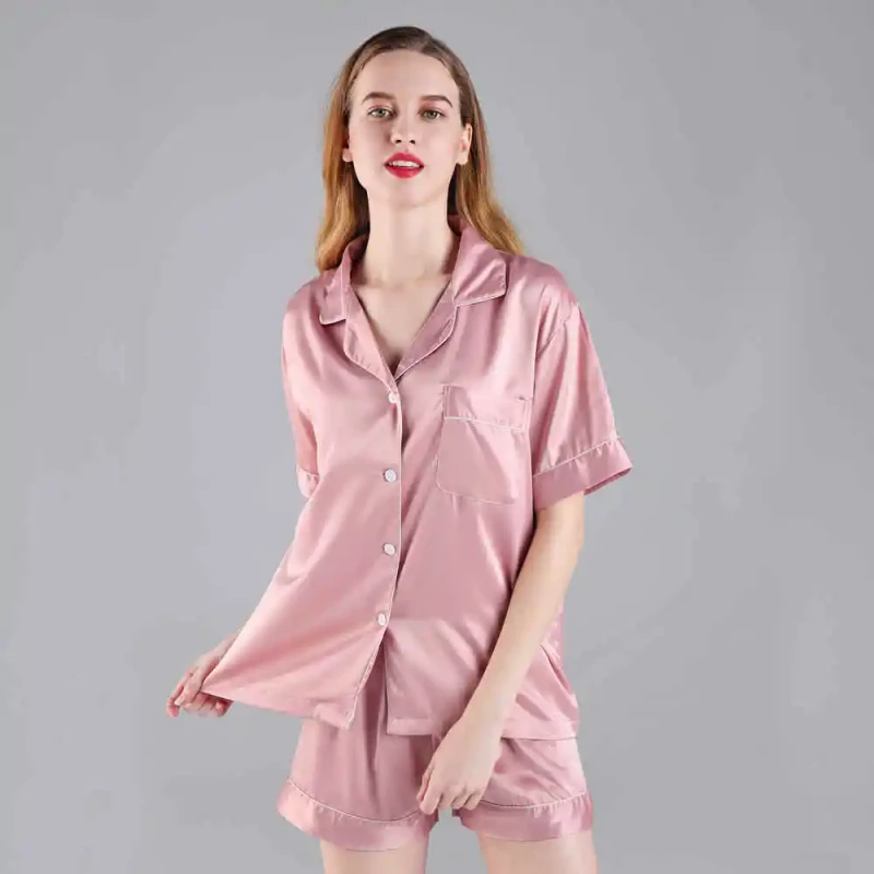 3034 Breathable Thermal Satin Plus Size Pajamas Set with Short Sleeves for Bridal Party and Summer Homewear