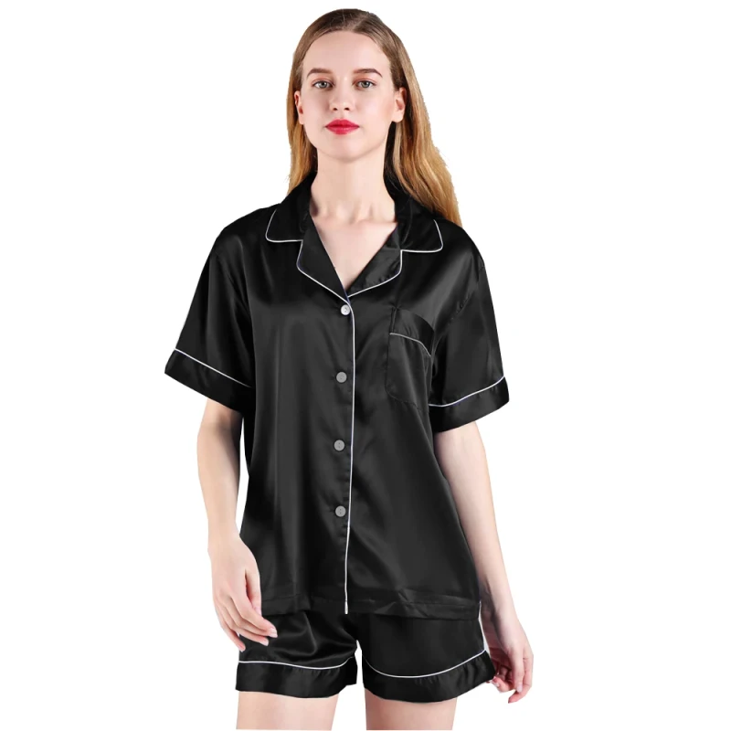3034 Plus Size Two Piece Custom Thermal Solid Short Sleeve Sleepwear Summer Satin Pajamas Set for Women