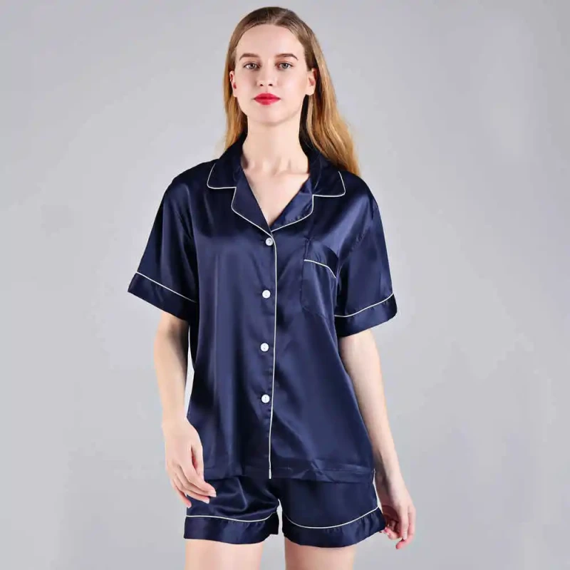 3034 Women's Plus Size Solid Short Sleeve Thermal Satin Pajamas Set
