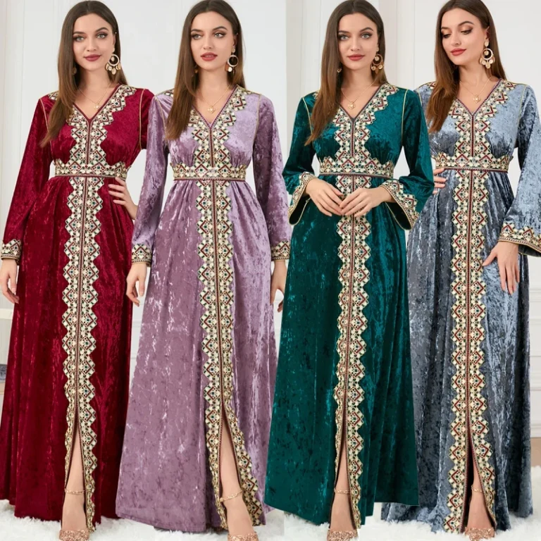 3258-Womens-Modest-Dress-Loose-Fit-Velvet-Long-Sleeved-V-Neck-for-Autumn-and-Winter