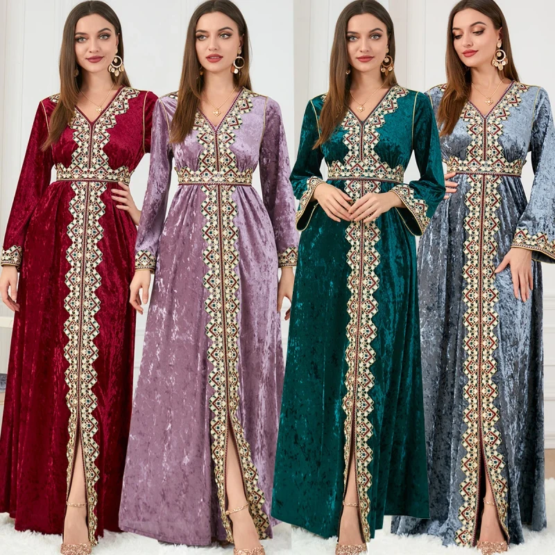 3258 Women's Modest Dress Loose Fit Velvet Long-Sleeved V-Neck for Autumn and Winter
