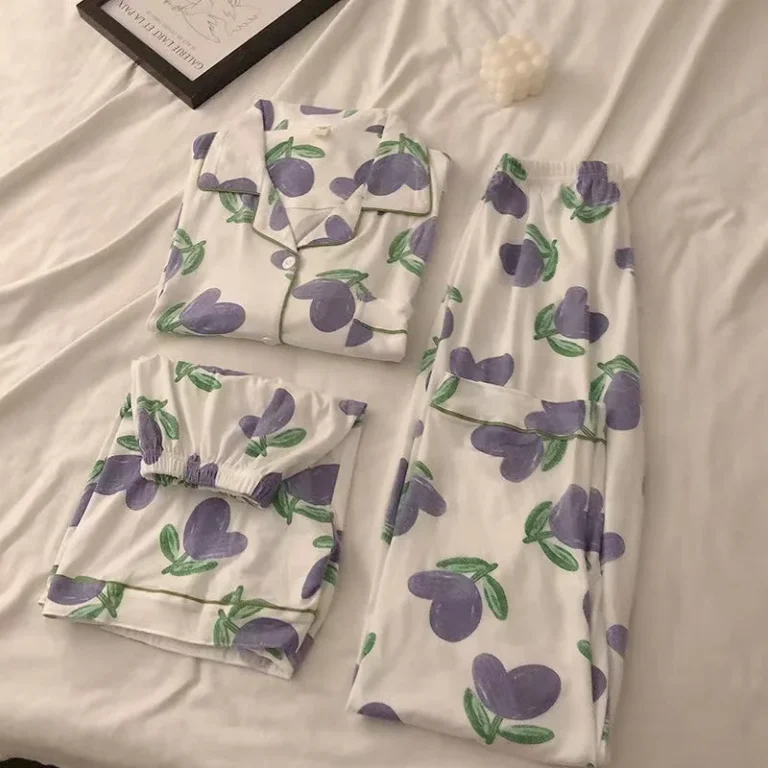 3PCS-Womens-Pajama-Set-Button-Down-Top-with-Shorts-and-Long-Pants-Cute-Print-Homewear-for-All-Seasons