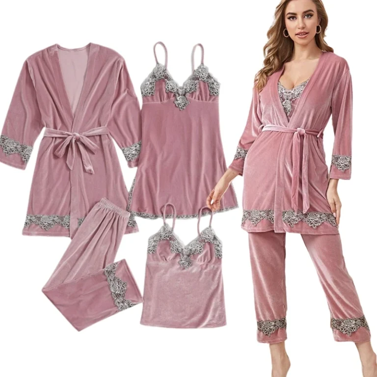 4-piece-Velvet-Dress-Nightgown-Set-Womens-Sleepwear-Pajamas-for-Women-Set