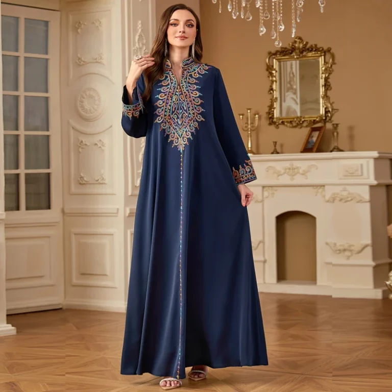 4065-Mens-Polyester-Embroidered-V-Neck-Long-Sleeve-Solid-Pattern-Ethnic-Robe-Dress-Jalabiya-for-Leisure