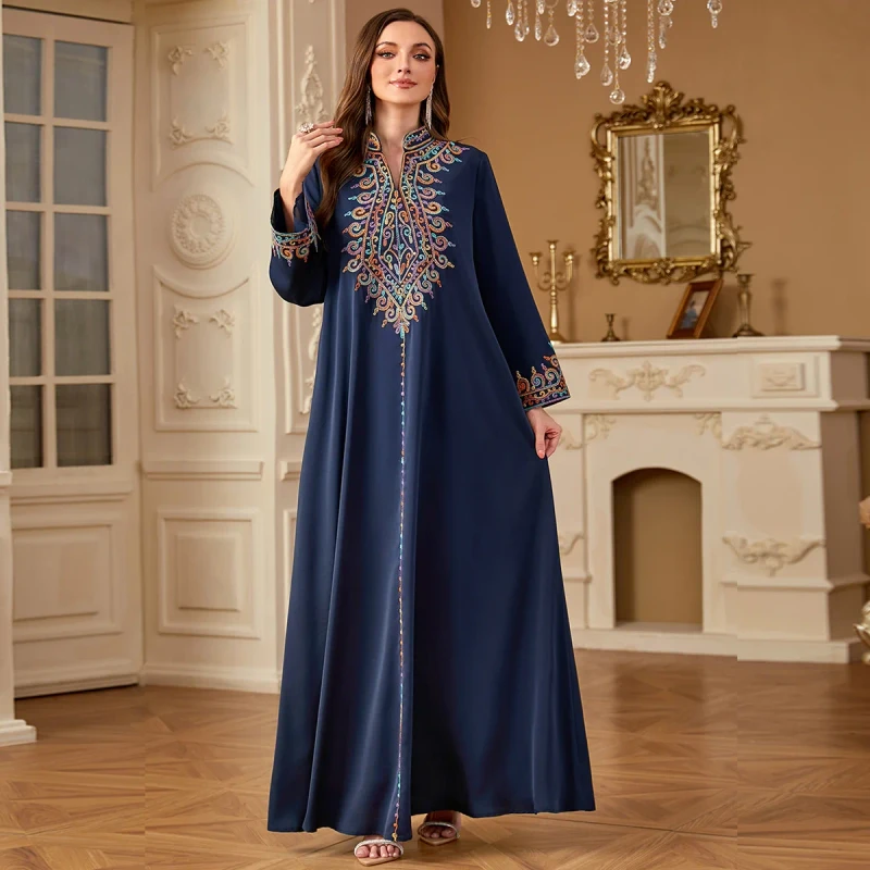 4065 Men's Polyester Embroidered V Neck Long Sleeve Solid Pattern Ethnic Robe Dress Jalabiya for Leisure