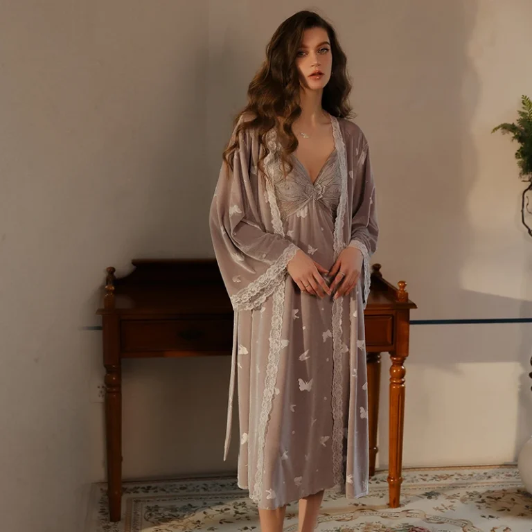 4774-Autumn-Winter-Pajamas-Butterfly-Printed-Chest-Pads-Velvet-Camisole-Nightdress-Kimono-Robe-Set