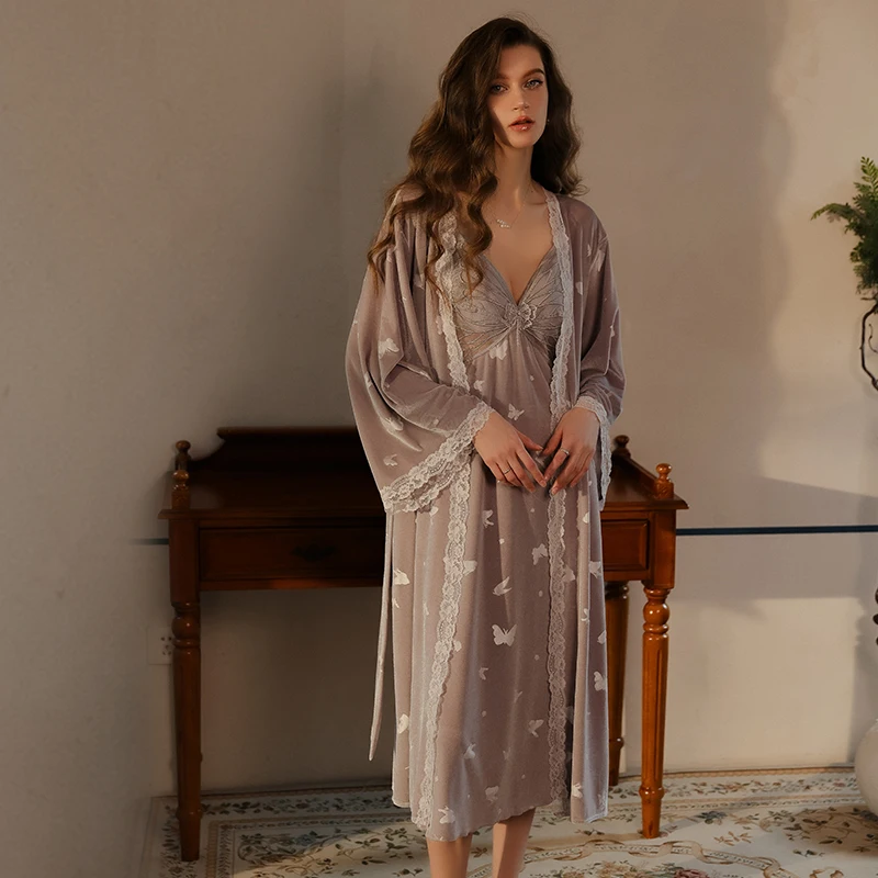 4774 Autumn Winter Pajamas Butterfly Printed Chest Pads Velvet Camisole Nightdress Kimono Robe Set