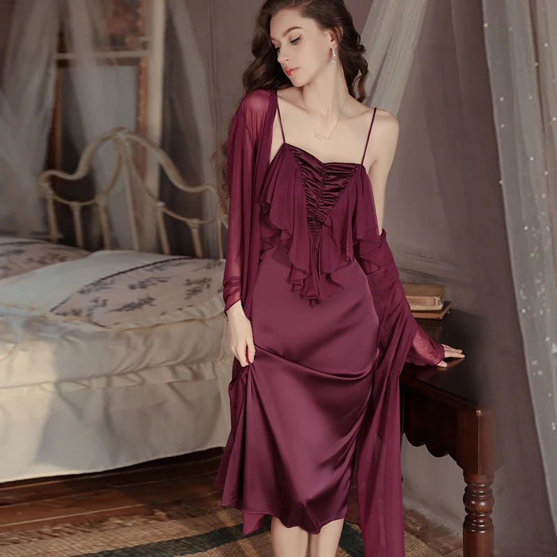 4828 Light Luxury Breathable Pajamas Satin Mesh Splicing Slim fit V-neck Nine-quarter Sleeve Backless Nightdress Kimono Robe Set