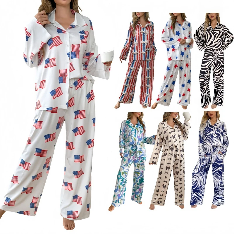 4th of July Long Sleeve Winter Pajamas Coquette Bow America Flag Satin Pajama Set