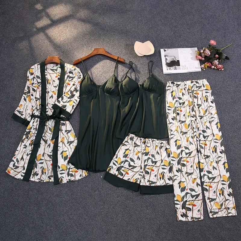 5 Pcs Set Ice Silk Satin Night Wear Long Pajamas Sexy Camisole Shorts Sleepwear Women for Spring Summer Autumn Winter Home Wear