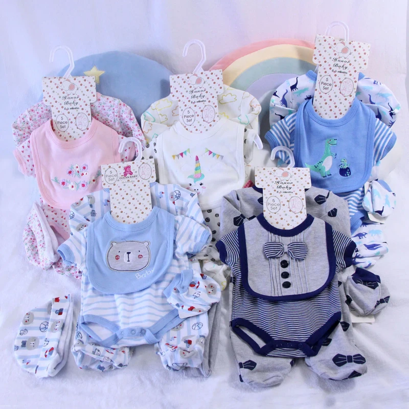 5 Pcs Set Newborn Baby Clothes Outfit Gift Romper Jumpsuit Body Jumpsuit Bib Kids Clothes Cotton Boutiques Stock
