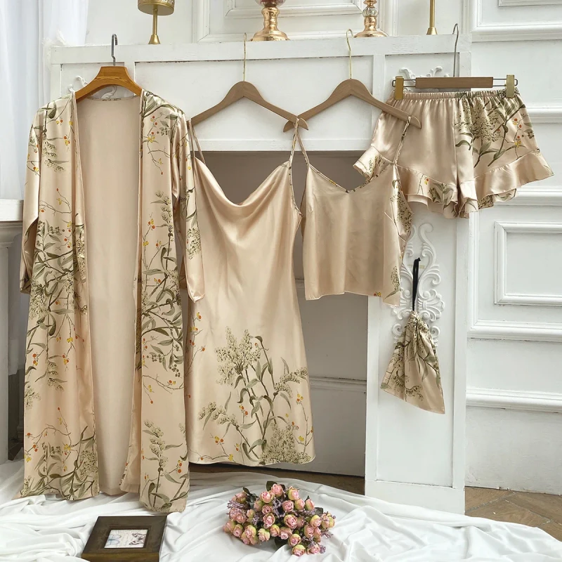 5 piece Nightdress Set Printing Night Dresses for Woman Ice Silk Women's Sleepwear