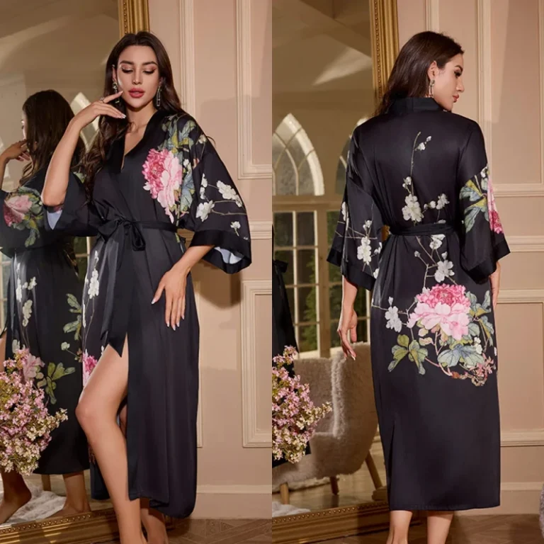 50-90KG-Satin-Printed-Pajamas-Womens-Summer-Large-Size-Seven-point-Sleeve-Cool-Long-Nightgown-Home-Wear-WP2669