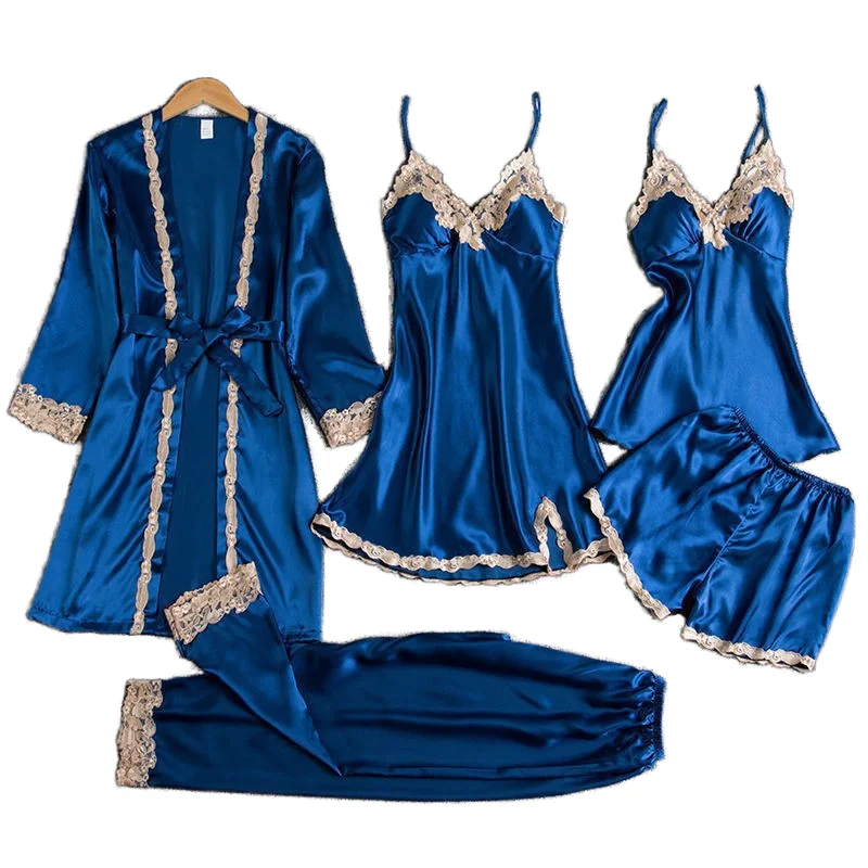 5pcs Plus Size Night Gowns Sexy Sleepwear Suit Lace Satin Nightdress for Women Set Sex Sleep Wear Soft Silk Pajamas