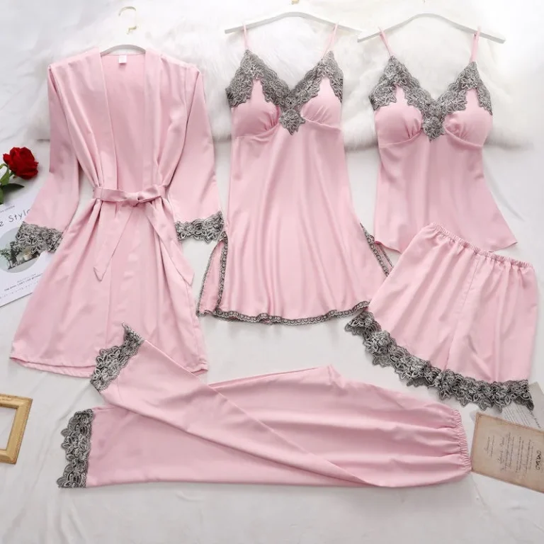 5pcs-Set-Custom-Pajamas-Set-Ladies-Satin-Silk-Like-Sleepwear-Robe-Set-for-Women-Robe-Fille