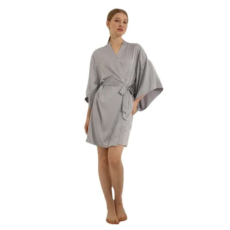 6055 Ladies's Satin Bathrobe with V-neck and Elastic Waist Minimalist Design Personalized Belts for Women