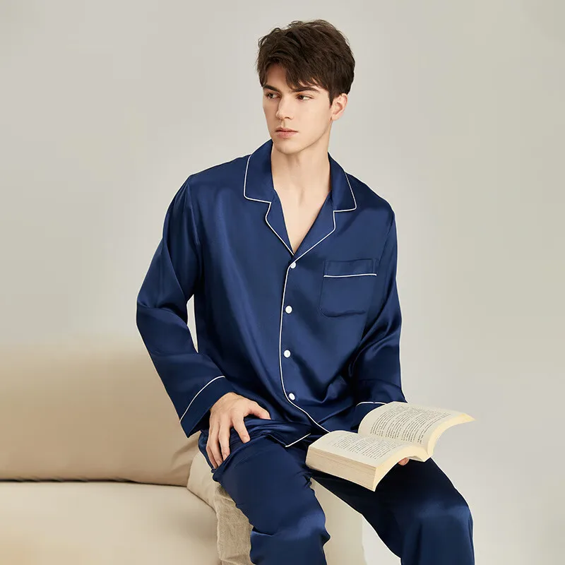 6A Grade 100% Mulberry Pure Silk Men's Sleepwear 2 Pieces 100% Mulberry Silk Pajamas Set Men