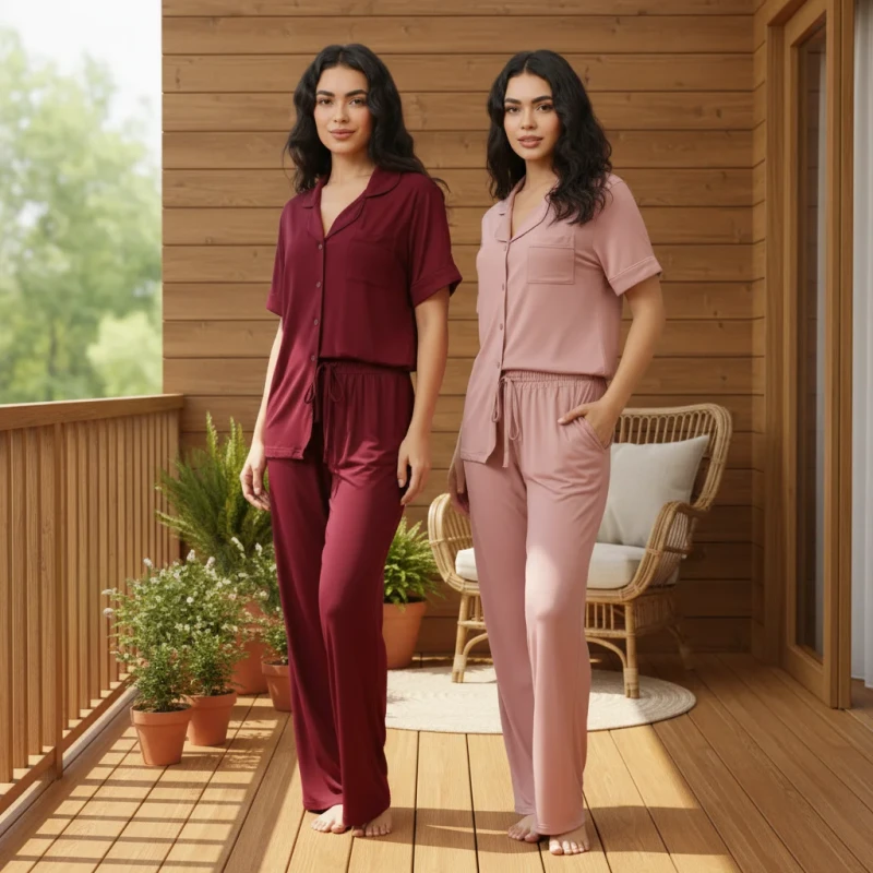 8006 10 Colors Modal Viscose Pajama Set Short Sleeve Long Pants Ladies Matching Loungewear