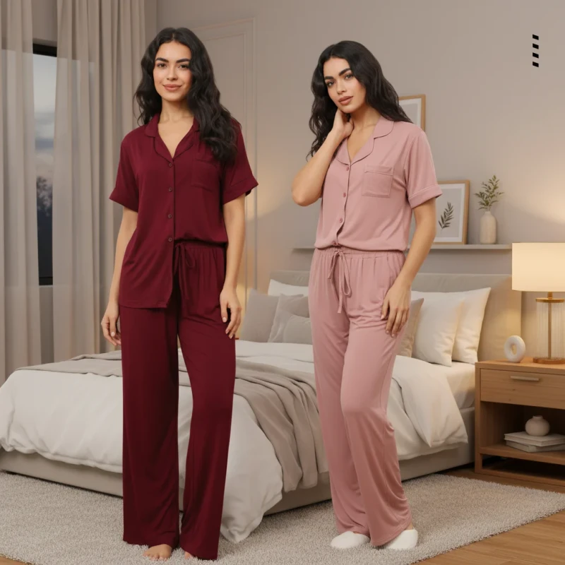 8006 House Wear Modal Viscose Pajama Set Short Sleeve Long Pants Comfortable Indoor Night Clothes