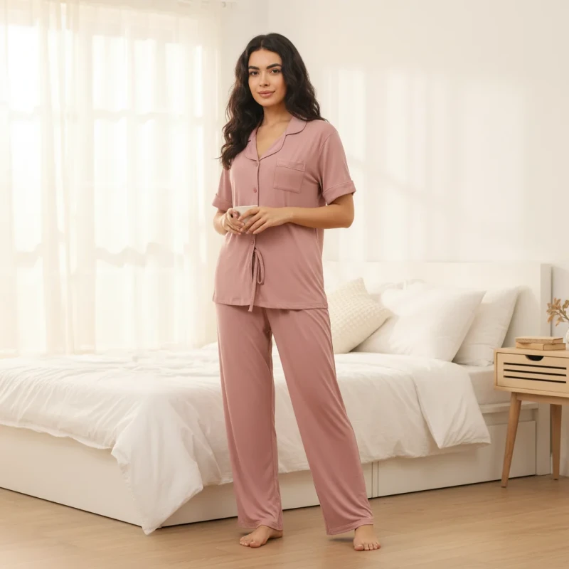 8006 Mid Weight Modal Viscose Sleepwear Short Sleeve Long Pants Not Too Thin Not Too Thick PJs