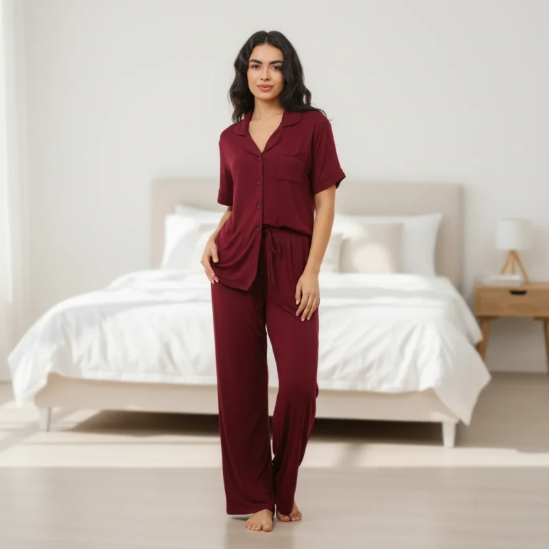 8006 Minimalist Solid Tone Women's Modal PJs Short Sleeve Long Pants Simple Basic Viscose Loungewear