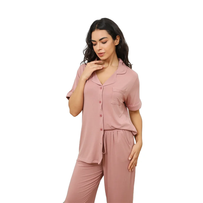 8006 OEM Custom Logo Pyjamas Women Sleepwear Modal Rib Knitted Top Pants