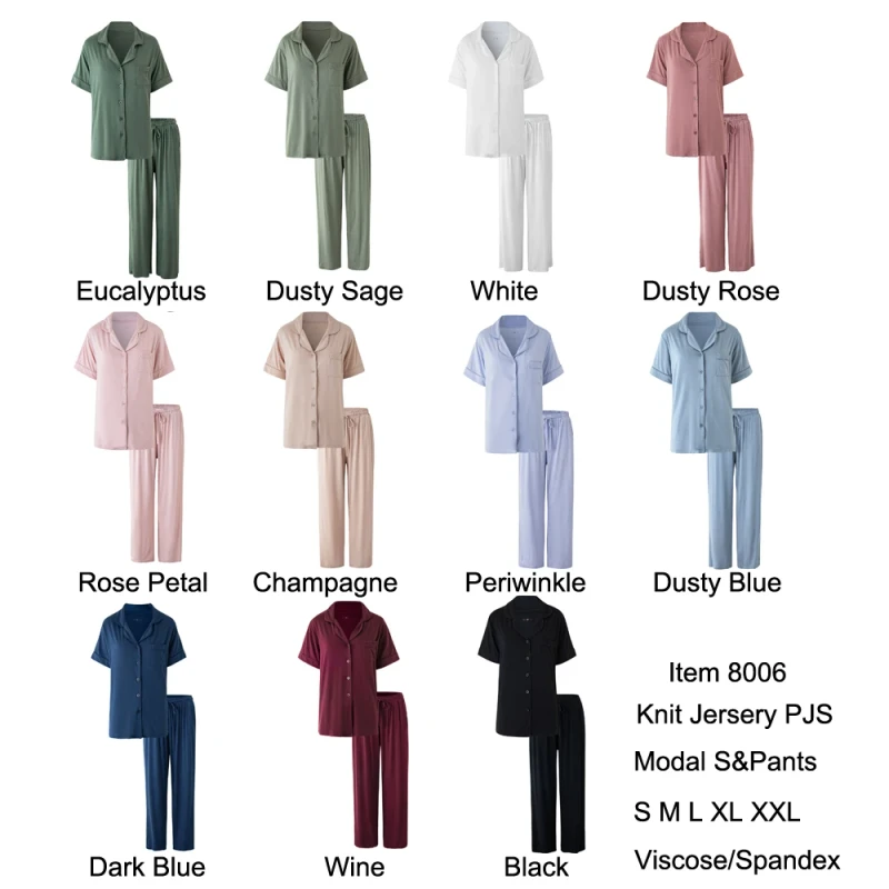 8006 Women's Solid Plus Size Thermal Pajamas Jersey Softness Stretchy 95% Viscose 5% Spandex Elastic Waist Breathable