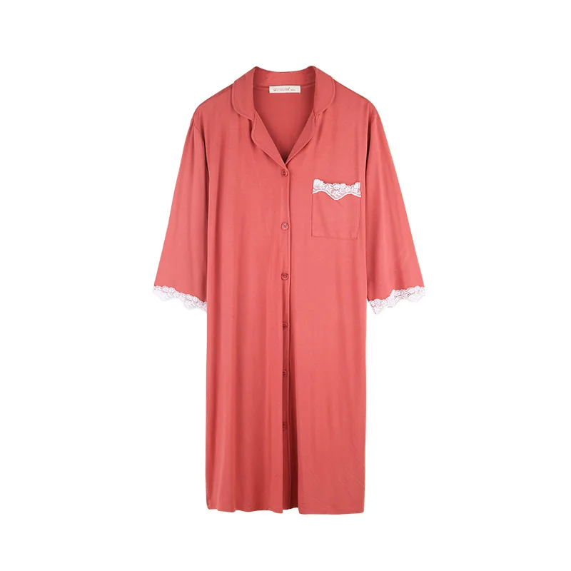 95% Bamboo Fiber 5% Spandex Jersey Solid Female Nightdress Lapel Three Quarter Sleeve Cardigan Home Dress Spring New