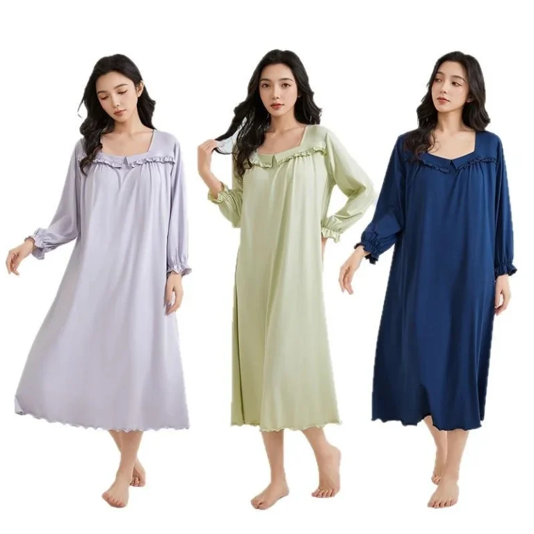A-Class-Plus-Size-Womens-Summer-Nightdress-Solid-Long-Sleeve-Pajamas-Chest-Pads-Cool-Homewear-Cotton-Women-Sleepwear