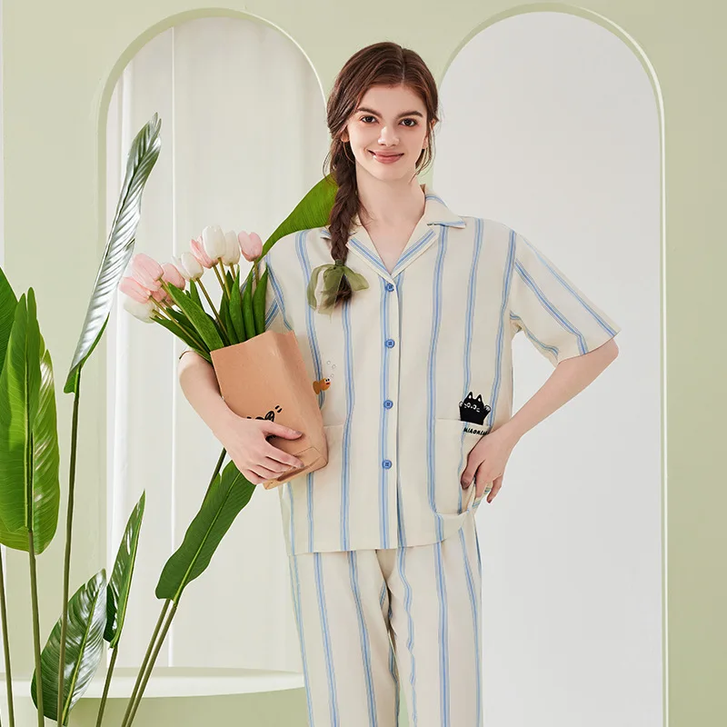 A Class Women's Sleepwear Pure Cotton Autumn V Neck Sleepwear Women's Spring and Autumn Home Furnishings