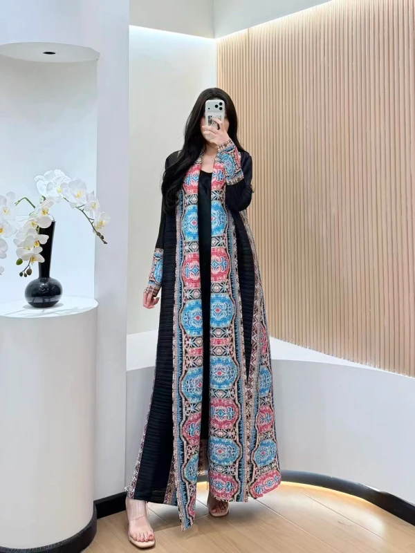 Abaya-Pleated-Lapel-Vintage-Middle-Eastern-Long-Sleeved-Dress-Womens-Print-Long-Loose-Robe