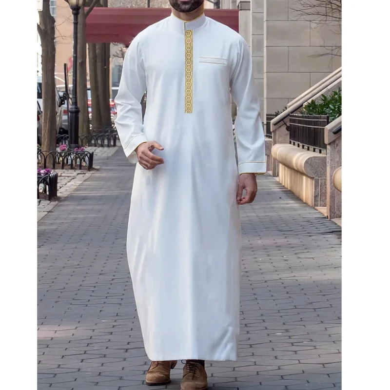 Abaya Thobe Men's Robe for Middle East Embroidered Stand-Up Collar Loose Arab Muslim Style In-Stock Polyester Men Thobe