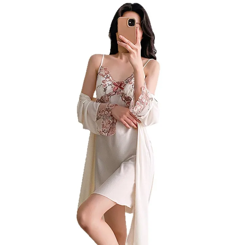 Acetic Acid Style Sexy Lace Floral Strap V-neck Breathable Womens Summer Nightdress Ice Silk Sweet-and-Daring Lace-Trimmed