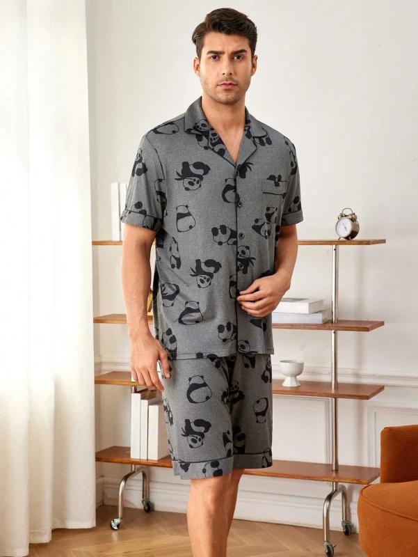 Adult 2Pcs Casual Soft Panda Pajamas Sets Short Sleeve American Style Summer Sleepwear