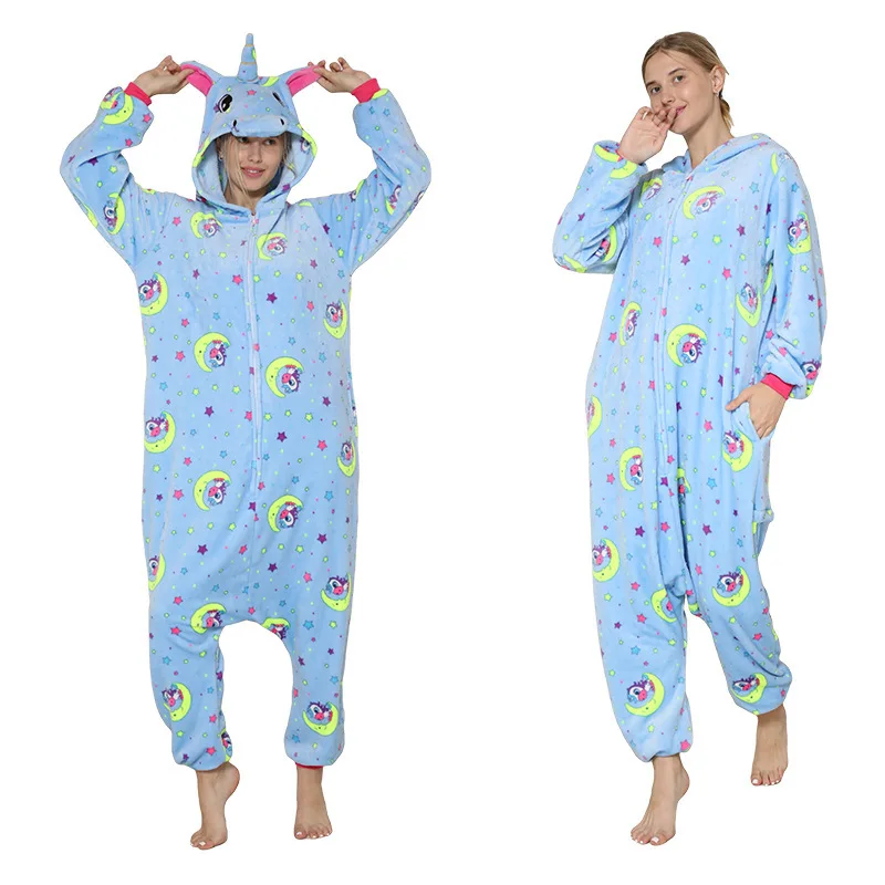 Adult Animal Pajamas Plush Flannel Unicorn Onesie Sleepwear Jumpsuit With Hoodie