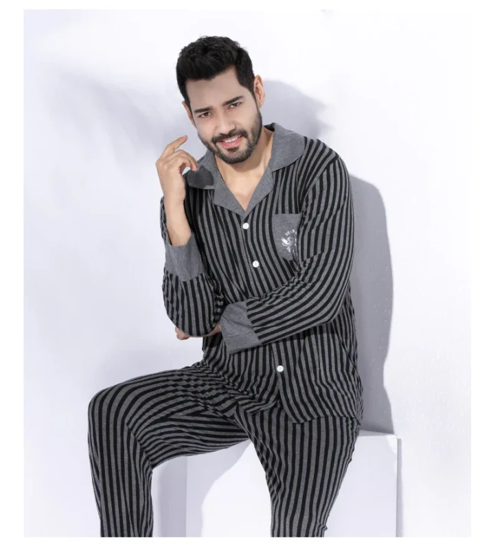 Adult-Men-Turn-Down-Collar-Cotton-Pajama-Suit-Long-Sleeve-Simple-Stripe-Loose-Home-Suit-Plus-Size-Pajamas-Set