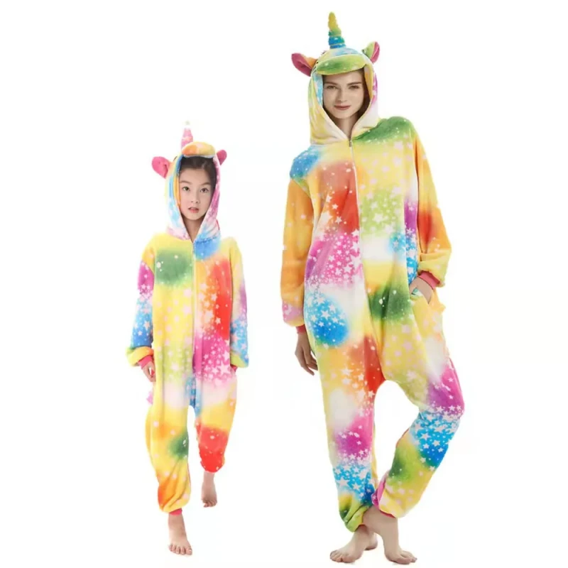 Adult Onesie Pajamas Kigurumi Cartoon Animal Costume Tiger Unicorn Sleepwear Pijamas Kids Fleece Lounge Wear Summer
