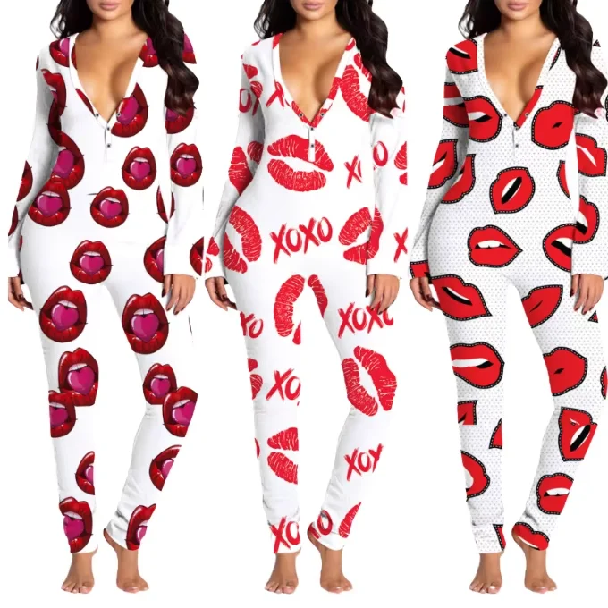 Adult Onesie With Butt Flap Lip Printed Onesie Sleepwear for Valentines Women Pajamas
