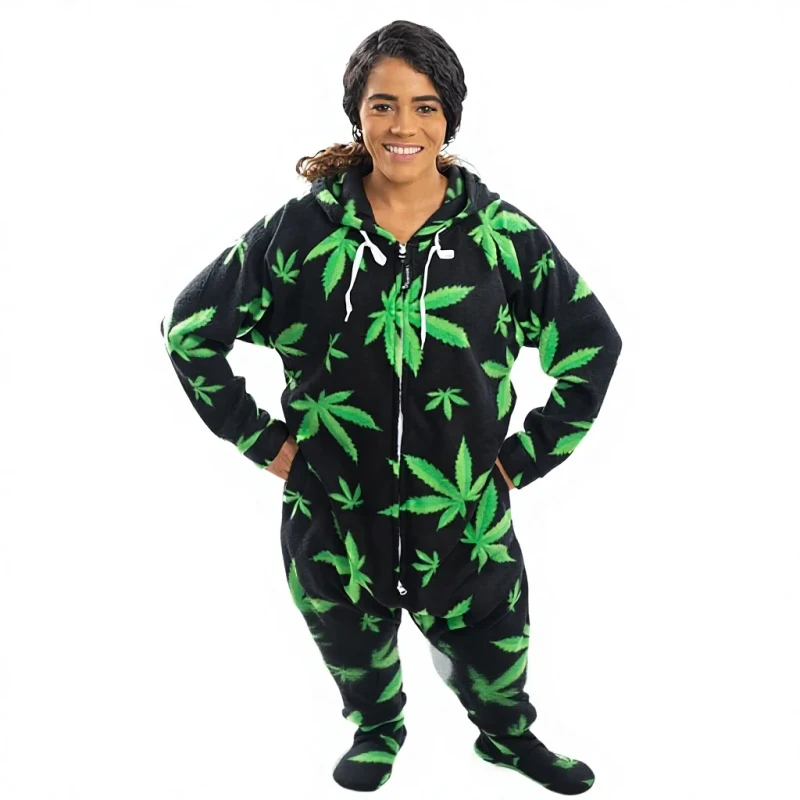 Adult Onesies One-Piece Pajama Jumpsuits for Men Women Unisex Detachable Feet 100% Polyester Leaf Pattern
