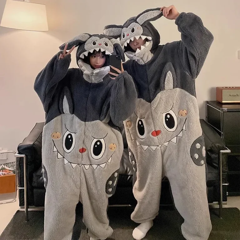 Anime-Labubu-Cartoon-Plush-Pajamas-Couple-Hooded-Nightwear-Suit-Winter-Conjoined-Homewear-Onesie-Pajamas