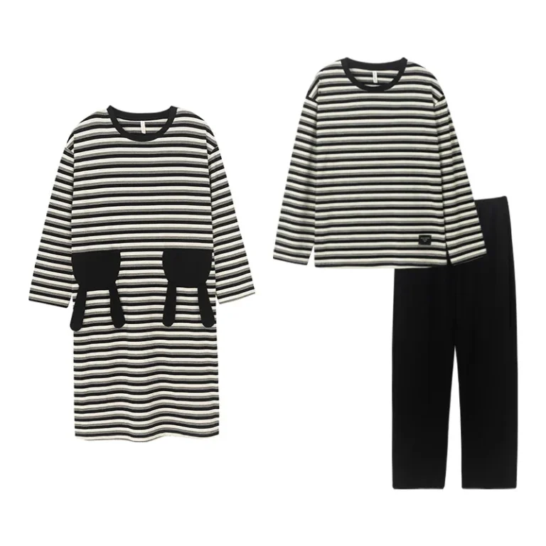 Antibacterial-Couple-Pyjamas-Cotton-Long-Sleeved-Striped-Mid-Length-Nightgown-Women-Casual-MenS-Homewear-Set