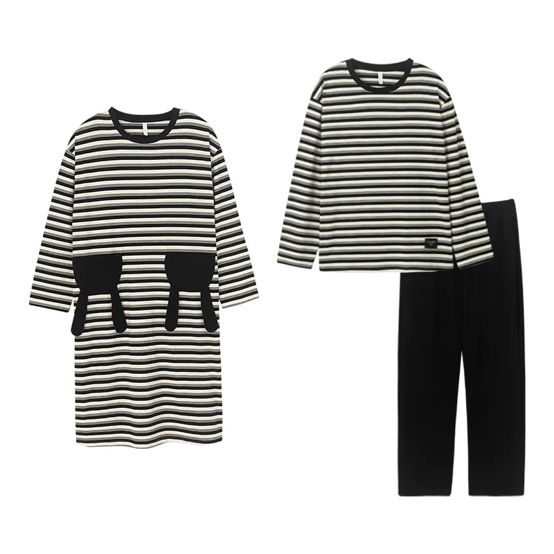 Antibacterial Couple Pyjamas Cotton Long-Sleeved Striped Mid-Length Nightgown Women Casual Men'S Homewear Set
