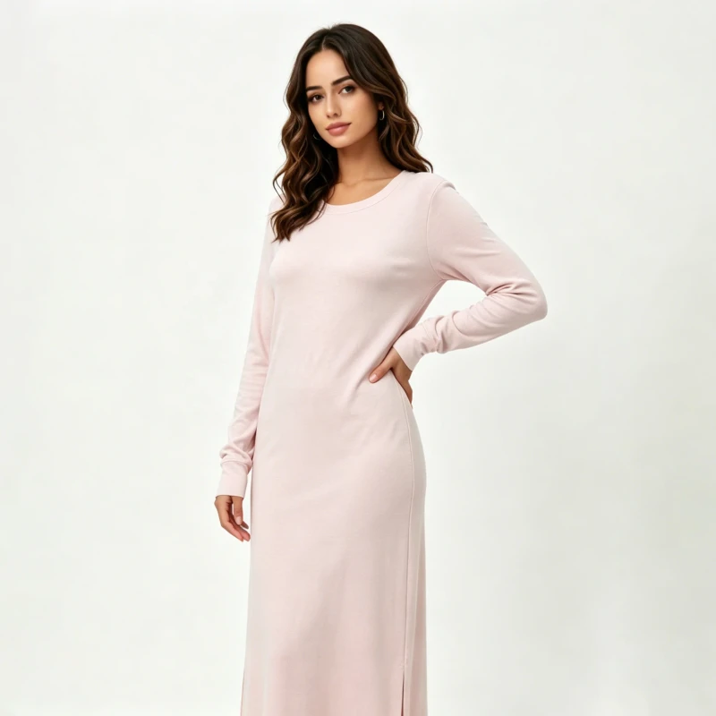 Antibacterial Hypoallergenic Bamboo Fiber Women's Nightdress Loose Fit Long Sleeve Loungewear with Side Slit
